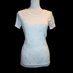 J Crew XS Gold Anchor and Star Print Short Sleeve Crew Neck Collector Tee
